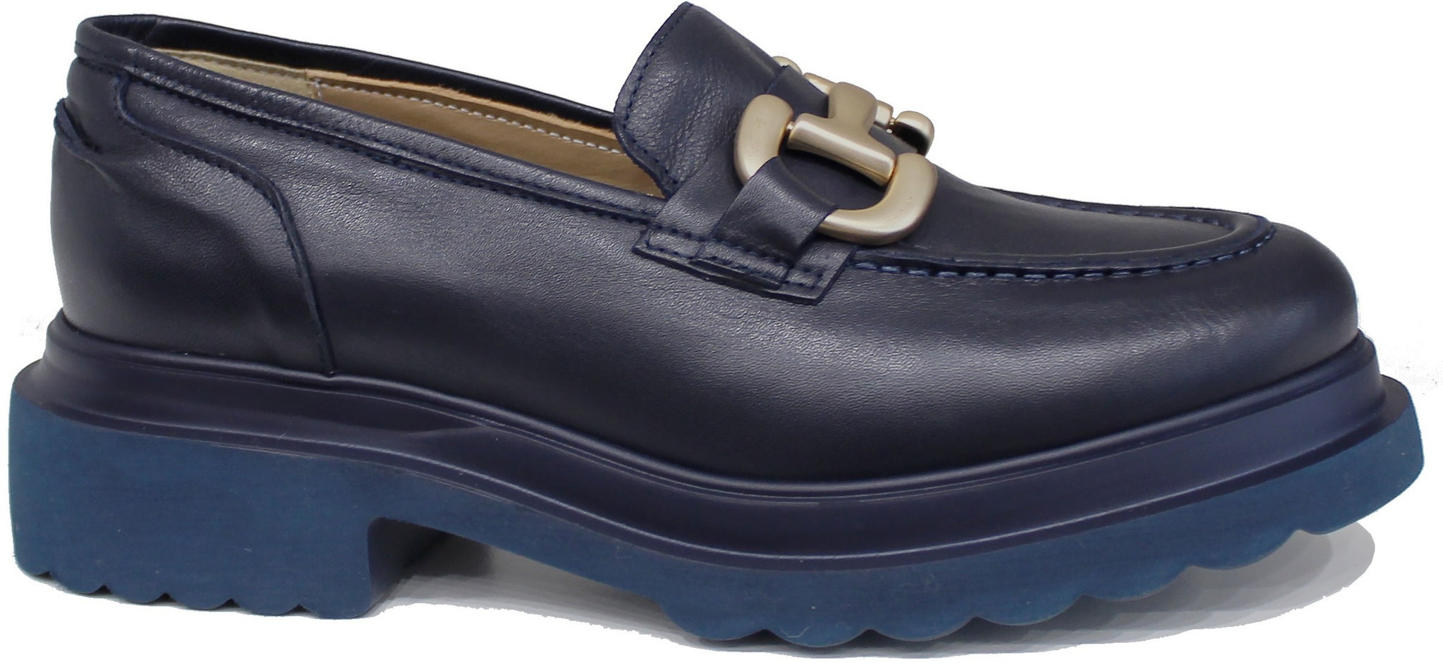 scarpe donna crown mocassino tendenza elegante sportivo accessoriato con morsetto dorato articolo MO03936 in vera pelle blu con suola in eva leggerissima e alta calzature artigianali online moda 100% made in italy con negozio a civitanova marche spedizioni in tutta Italia e pagamento alla consegna